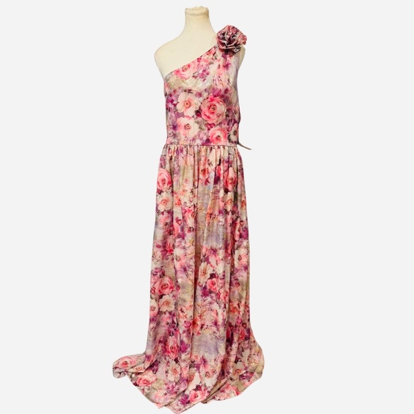 Aidan Mattox Floral Jacquard One Shoulder Sleeveless Flower Shoulder A-Line Gown - Picture 4 of 15